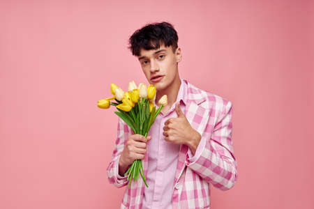 handsome guy in stylish clothes jacket fashion gestures with hands self-confidence Lifestyle unalteredの写真素材