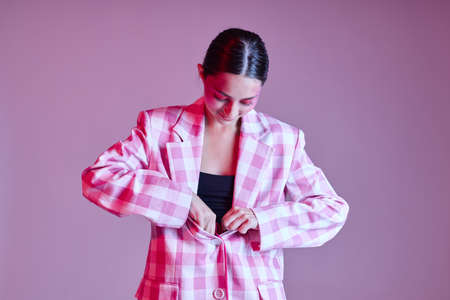 Beauty fashion female luxury clothing fashion plaid blazer close-up unalteredの写真素材