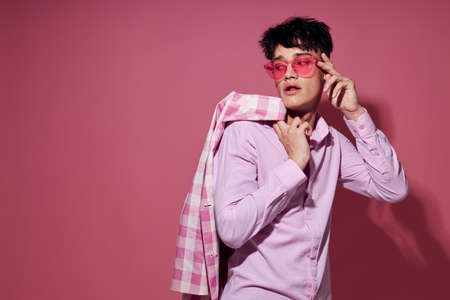 handsome guy plaid blazer pink glasses fashion modern style isolated background unalteredの写真素材