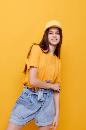 beautiful woman hand gesture emotions summer style isolated backgroundの写真素材