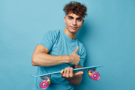 Attractive man blue skateboard in hand isolated background