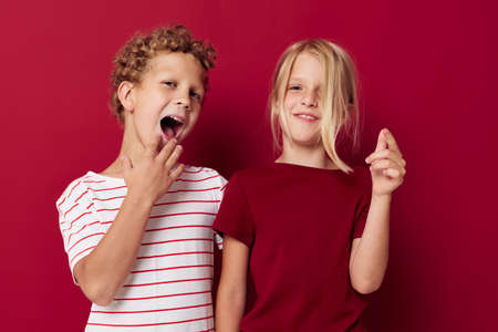 Cute stylish kids fun childhood entertainment red background