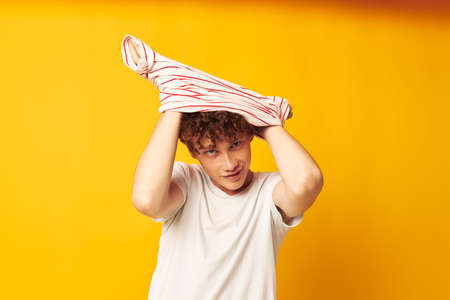 cute red-haired guy striped t shirt posing summer clothing isolated background unaltered
