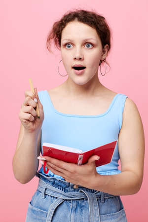 cute girl with disposable glass of drink pink background unaltered
