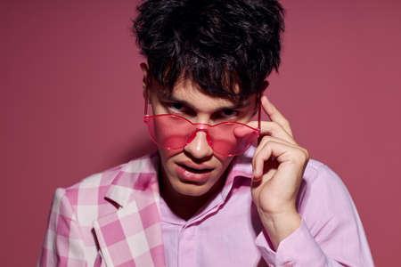 pretty man pink shirt and glasses jacket fashion elegant style isolated background unaltered