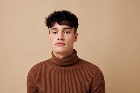 Photo young boyfriend stylish hairstyle brown turtleneck Lifestyle unalteredの写真素材