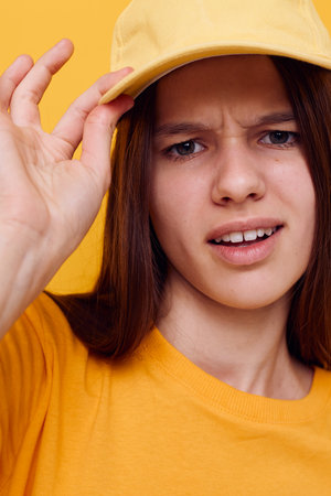 attractive woman hand gesture emotions summer style yellow background