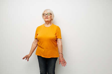 emotional elderly woman vision problems with glasses close-upの写真素材
