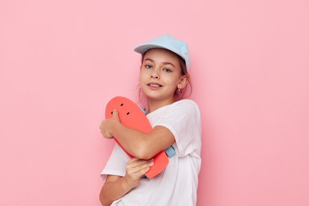 Portrait of happy smiling child girl cap in white t-shirt skateboard pink backgroundの写真素材