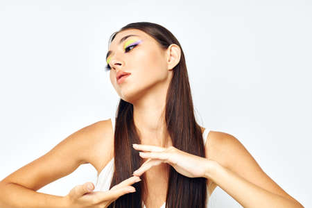 beautiful brunette attractive look fashion posing studio model unalteredの写真素材