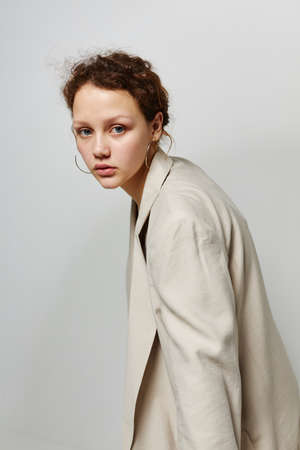 cheerful woman Clothes fitting elegant style suit fashion studio isolated backgrounds unaltered