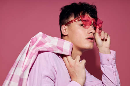 Photo of romantic young boyfriend plaid blazer pink glasses fashion modern style Lifestyle unaltered