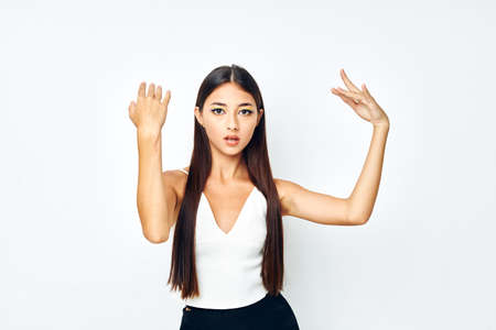 portrait pretty woman long hair cosmetics posing light background unalteredの写真素材