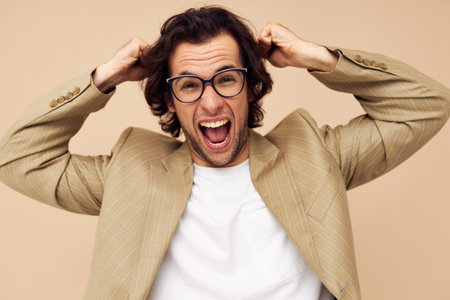 man in a suit posing emotions wear glasses isolated background