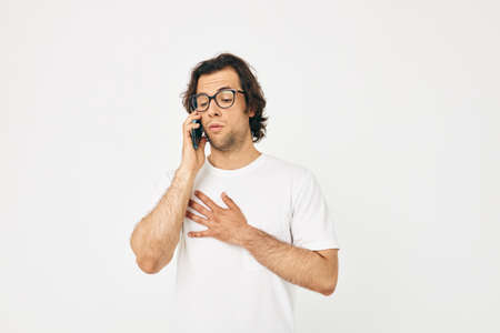 man telephone communication hand gesture isolated background