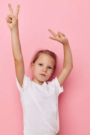 pretty young girl emotion hands gesture isolated background