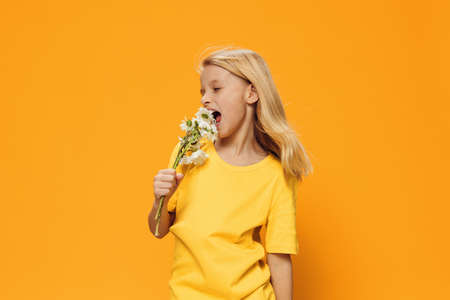funny, cute girl posing standing on a bright background in yellow clothes and with a bouquet of daisies in her hands, trying to bite them. Horizontal studio photographyの写真素材