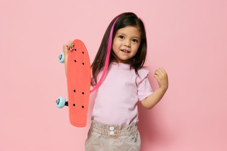 a cute little preschool girl is standing on pink in a pink T-shirt, twirling her skate in her hands, lifting it over her head and carrying it behind her back, hugging it and pulling her hairの写真素材