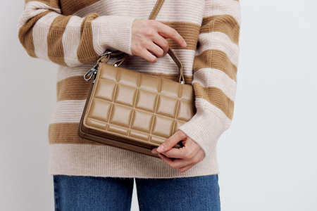 a close horizontal photo of a beautiful, stylish beige womens bag with a pattern in the form of...
