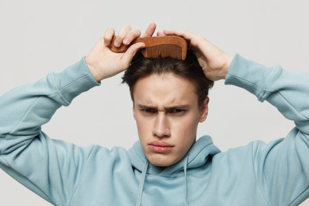 Close-up photo. A strange young man combs his hair in a light light blue hoodie, a place in the background for inserting an advertising layout.Horizontal Studio photoの写真素材