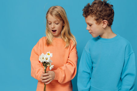 joyful children stand on a blue background and the boy gave the girl flowers, she looks very surprised at the bouquet of daisies in her handsの写真素材