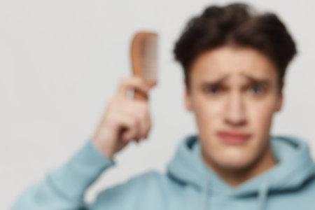 a handsome young man looks into the camera in a light light blue hoodie,with a comb in his hand combing a place in the background for inserting an advertising layout.Horizontal portrait photo .の写真素材