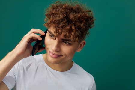 a cute man with curly hair stands against a green background and holds his black smartphone in his hand, talking on it, smiling pleasantly looking towards empty spaceの写真素材