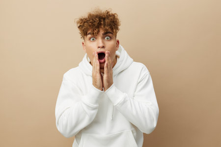 a funny, shocked man stands on a beige background in a white hoodie and holds his hands wide open...
