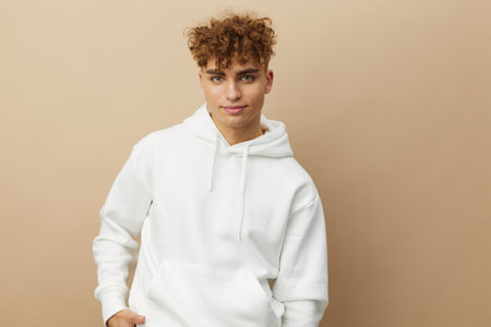 a happy, attractive man stands on a beige background in a light hoodie, smiling pleasantly at the cameraの写真素材