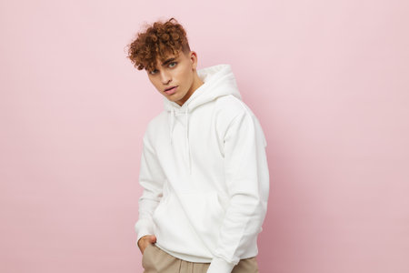 a handsome, pleasant young man stands on a pink background in a white hoodie and looks at the camera smiling pleasantlyの写真素材