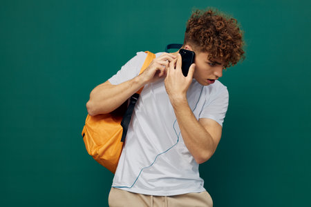 horizontal portrait of a handsome man with curly hair standing on a green background in a gray T-shirt, holding headphones around his neck, talking enthusiastically on the phoneの写真素材