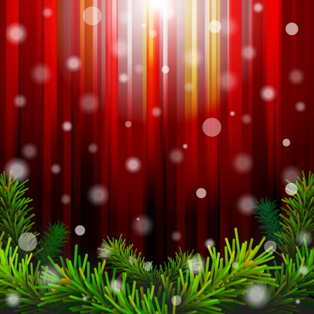 Christmas red background with pine branches against lighting  New Year backdrop with falling snow  Qualitative vector  EPS-10  illustration for new year s day, christmas, winter holiday, design, new year s eve, silvester, etcのイラスト素材