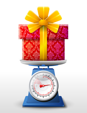 Gift symbol on scale pan  Weighing gift box on scales  Qualitative vector  EPS-10  illustration for holiday, packaging supplies, congratulation, gift wrapping, packaging, etcのイラスト素材
