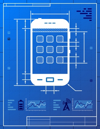 Smartphone like blueprint drawing  Stylized drafting of smartphone on blueprint paper  Qualitative vector  EPS-10  illustration about smartphone, touchscreen devices, telecommunication industry, mobile technology, digital electronics, etcのイラスト素材