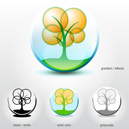 Stylized tree on ground inside of sphere  Design element for logos, icons, symbols and other visual identity of company  Qualitative vector  EPS-10  illustration about growth, development, gardening, agriculture, environment, ecology, nature, etcのイラスト素材