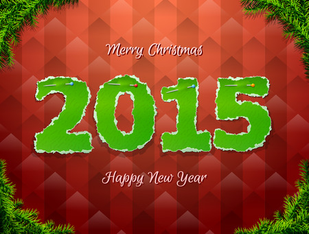 New Year 2015 of torn paper pinned pin. Paper numbers with christmas tree twigs. Qualitative vector (EPS-10) illustration for new years day, christmas, winter holiday, new years eve, silvester, etcのイラスト素材