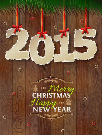 New Year 2015 of torn paper against wood background. Paper numbers on ribbon.のイラスト素材