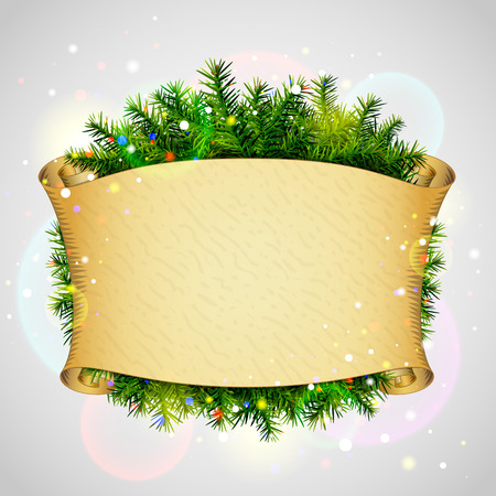 Paper scroll for christmas list with pine branches. New Year template with blank parchment and christmas tree twigs. Qualitative vector (EPS-10) illustration for new years day, christmas, winter holiday, new years eve, silvester, etcのイラスト素材