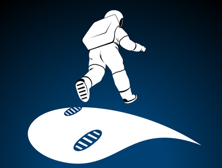 Bouncing astronaut over surface of planet. Moving spaceman and his footprints. Qualitative vector illustration for space technology, cosmos, exploration, cosmonautics, science, etcのイラスト素材