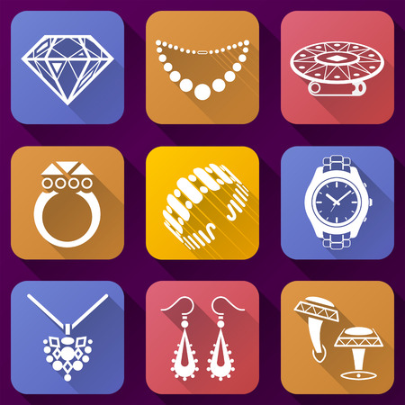 Flat icons set of jewelry elements. Collection of color icons for luxury industry. Qualitative vector symbols about jewellery, accessories, fashion, luxury, precious metal wares, etcのイラスト素材