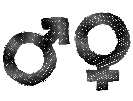 Hand drawn gender symbols with dark hatching. Sketch of man and woman signs in doodle style. Qualitative vector illustration about man, woman, sex differences, relationship, gender role, sexual orientation, etcのイラスト素材