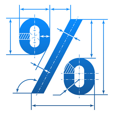 Percent symbol with dimension lines. Element of blueprint drawing in shape of percentage sign. Qualitative vector illustration for banking, financial industry, sale, discount, calculation, etcのイラスト素材