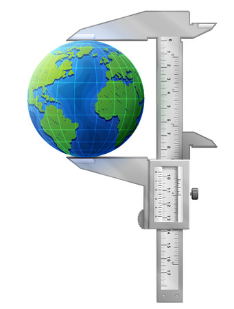 Vertical caliper measures globe. Concept of earth and measuring tool. Qualitative vector illustration for travel planet Earth geography tourism world map trip cartography etcのイラスト素材