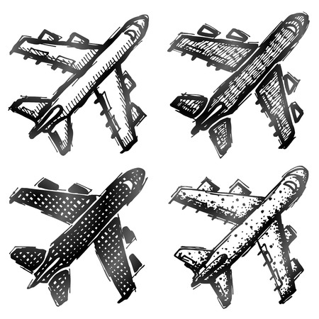 Hand drawn plane symbol top view. Sketch of airplane in doodle style. Qualitative vector illustration about flights plane travel aviation piloting air transport etcのイラスト素材