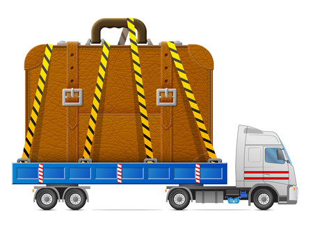 Road transportation of suitcase. Delivery of big travel bag in back of truck. Qualitative vector illustration about travel luggage tourism accessory vacation baggage trip etcのイラスト素材