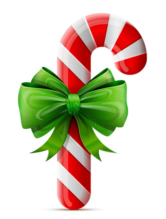 Christmas candy cane with bow. Striped holiday candy stick decorated ribbon. Qualitative vector design element for christmas, new year day, winter holiday, dessert, new year eve, food, silvester, etcのイラスト素材