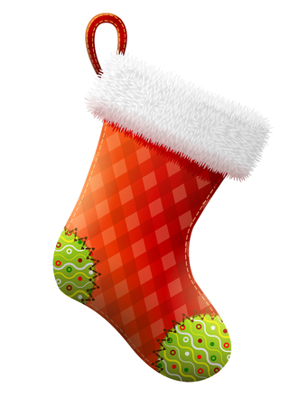 Empty christmas stocking isolated on white background. Decorative red sock with white fur and patches. Qualitative vector illustration for christmas, new year, decoration, winter holiday, silvester, tradition, etcのイラスト素材