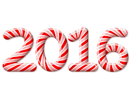 New Year 2016 in shape of candy stick isolated on white background. Year number as striped holiday candies. Qualitative vector design element for christmas, new year day, sweet-stuff, winter holiday, new year eve, food, silvester, etcのイラスト素材