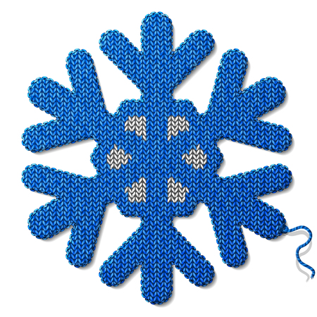 Snowflake symbol of knitted fabric isolated on white background. Fragment of knitting in shape of snow sign. Qualitative vector illustration for new year day, christmas, decoration, winter holiday, design, silvester, weather, etcのイラスト素材