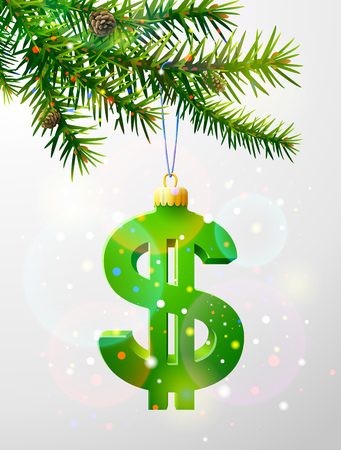 Christmas tree branch with decorative dollar symbol. Dollar sign as christmas bauble hanging on pine twig. Qualitative vector illustration for christmas, finance, new year day, banking, new year eve, money, silvester, etcのイラスト素材
